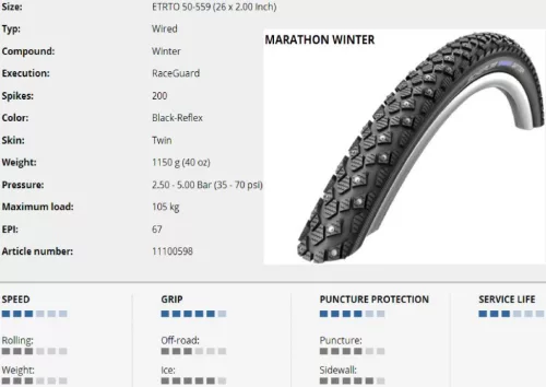Kerékpár Külső Gumi Schwalbe 26X2,00(559-50) Marathon Winter Plus Perf Hs396 Sg Wic Ref 1150G